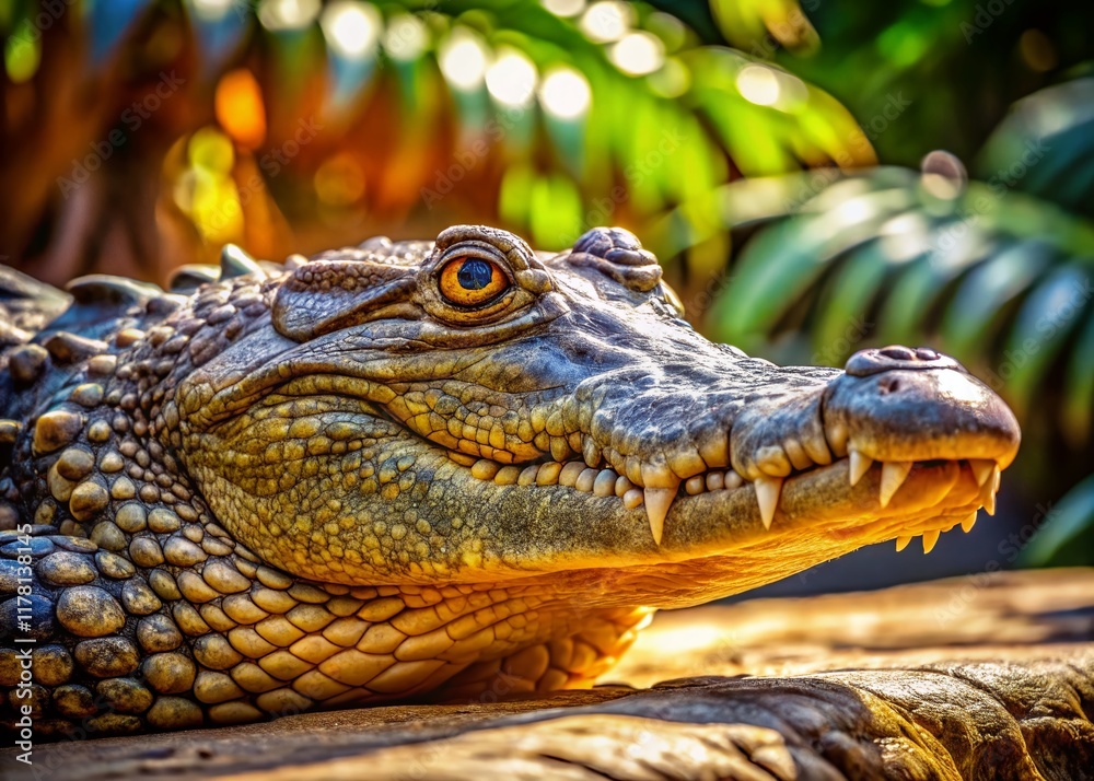 Fototapeta premium Sunbathing Crocodile: Majestic Reptile Basking in the Warm Sunshine