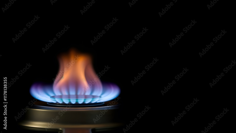 Blue and orange gas flame on a burner, symbolizing energy, power, or natural resources. Generative AI Blue and orange gas flame on a burner, symbolizing energy, power, or natural resources. Generative AI