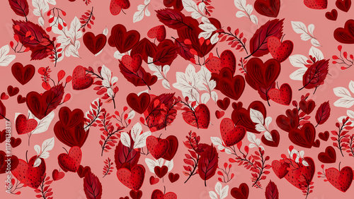 Colorful hearts and leaves in a romantic Valentine's Day theme