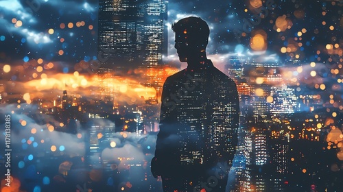 Double exposure male silhouette blended with cityscape at night, glowing lights, urban architecture, dramatic clouds, moody atmosphere