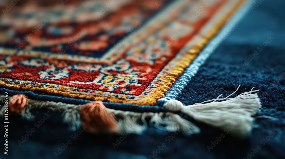 Close-up of intricate persian rug with colorful tassels on a blue surface Close-up of intricate persian rug with colorful tassels on a blue surface
