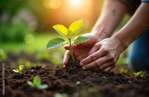 Wallpaper Mural Person plants young tree in garden. Hands carefully place sprout in soil. Daytime outdoor scene. Growth, care concept. Fresh new life in nature. Green leaves on plant. Soil dark brown. Image evokes Torontodigital.ca