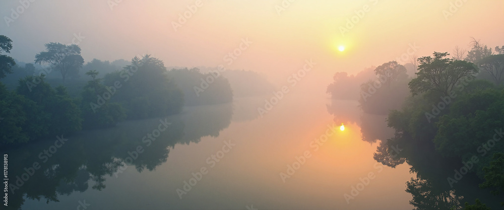 Obraz premium Misty River Delta at Sunrise Reflecting Soft Light on Calm Water, Surrounded by Lush Greenery and Ethereal Atmosphere