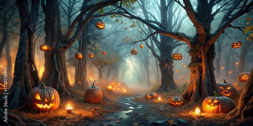 Dark mystical forest with glowing jack o lanterns and spooky trees surrounded by mist, autumn leaves and vines, with a hint of eerie fog , autumn night, mystical forest Dark mystical forest with glowing jack o lanterns and spooky trees surrounded by mist, autumn leaves and vines, with a hint of eerie fog , autumn night, mystical forest
