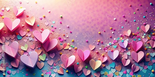 Hearts made of paper scattered on a colorful background with various confetti shapes and sizes, overlaid with a pink tinted gradient effect, paper, celebration photo