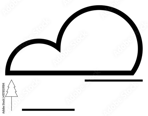 Bold cloud outline above horizontal lines and a small tree represents nature, weather, serenity, simplicity, balance, landscape. Ideal for eco design, environment, outdoor concepts minimal art