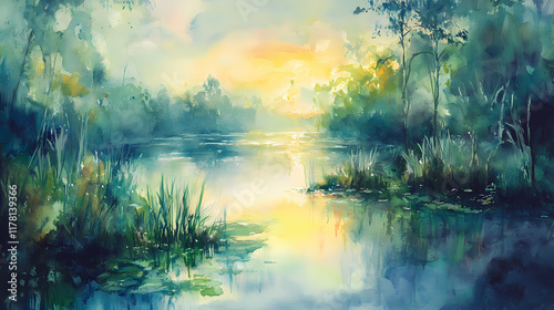 Watercolor painting of the everglade at dawn. Evergold. Illustration photo