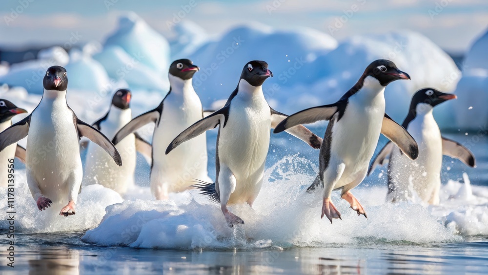 Fototapeta premium A group of Adelie penguins playfully splash and chase each other on the ice of Antarctica, their feathers glistening with dew as they frolic in the snow , Adelie penguins, nature