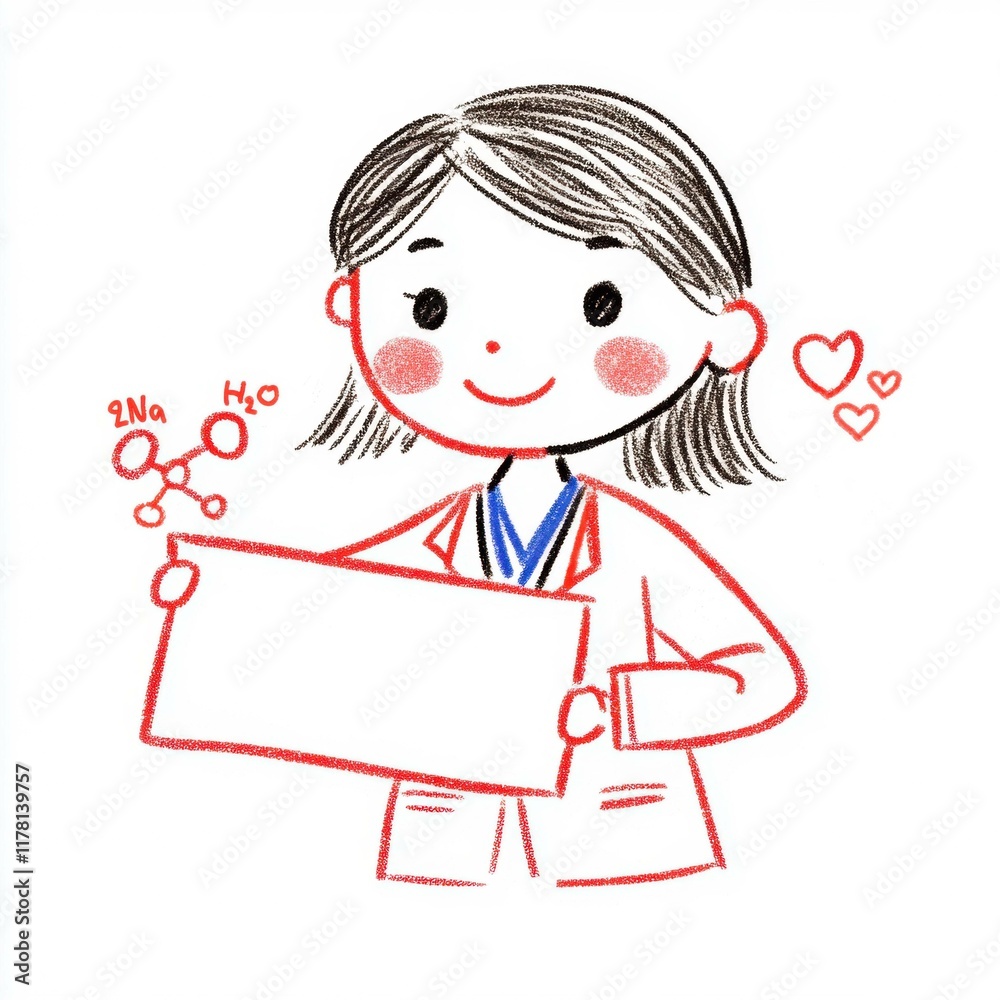 A hand-drawn illustration of cheerful doctor holding blank sign with chemical formula illustration A hand-drawn illustration of cheerful doctor holding blank sign with chemical formula illustration