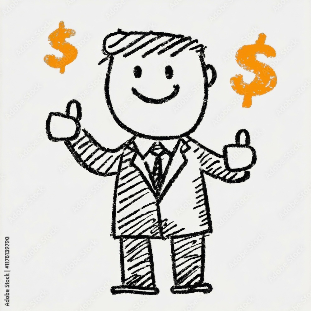 A hand-drawn illustration of cheerful businessman in suit holding thumbs up with dollar signs A hand-drawn illustration of cheerful businessman in suit holding thumbs up with dollar signs