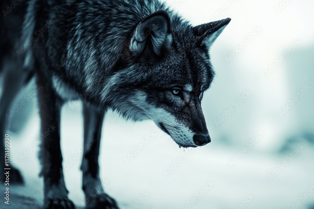 Fototapeta premium A black and white photograph of a wolf walking through the snow