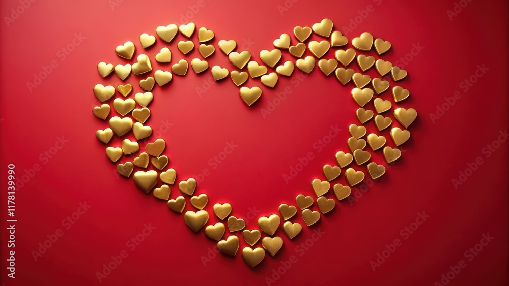 Heart Pattern Made of Gold Hearts On Red Background, gold hearts, abstract design Heart Pattern Made of Gold Hearts On Red Background, gold hearts, abstract design