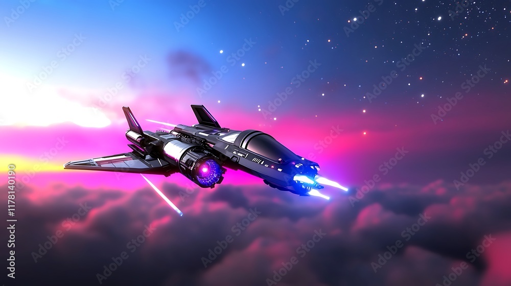 Futuristic spaceship flying above clouds at sunset, leaving trails. Futuristic spaceship flying above clouds at sunset, leaving trails.