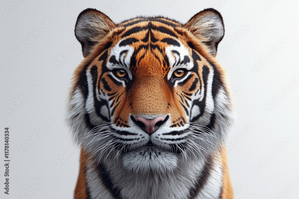 Fototapeta premium A close-up view of a tiger's face on a white background, perfect for wildlife or animal-themed projects