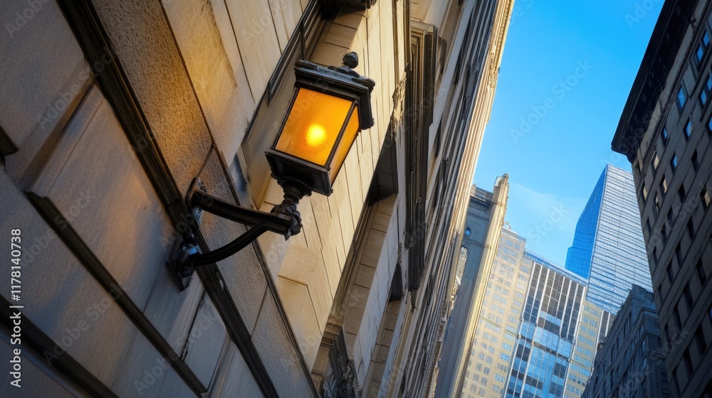 A solitary street light illuminates the side of a building A solitary street light illuminates the side of a building