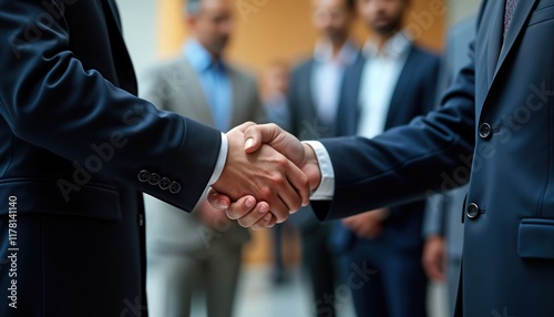 Businessmen shake hands at international conference. Leaders cooperate. Partnership agreement. Global event. Important meeting. Pro attire. Negotiations succeed. International relations grow.