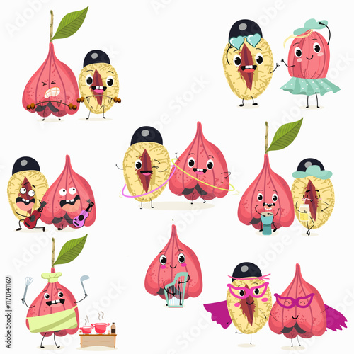 Ackee (Blighia sapida), or achee, medicinal plant, funny fruit cute cheerful characters. Vector hand drawn illistration.