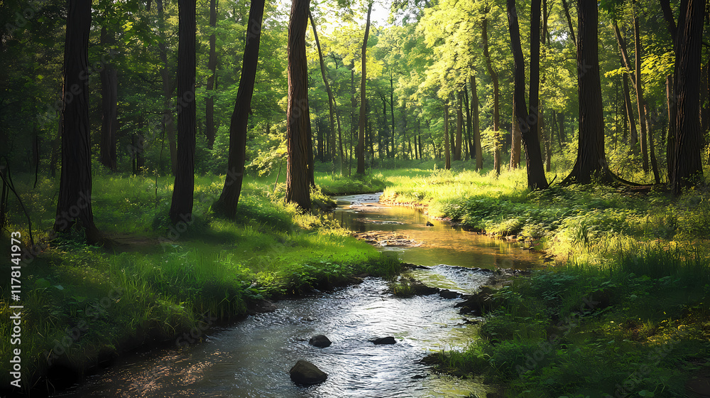 Obraz premium Serene forest glade with towering trees and a babbling brook, stream, peaceful, water. Evergold. Illustration