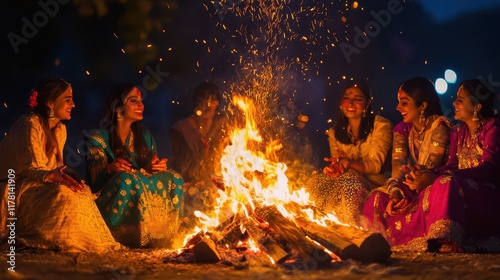 Celebration around a bonfire with young asian females in traditional attire at night