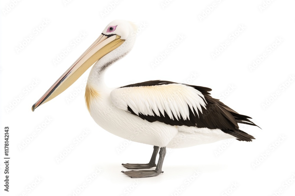 A pelican stands on a white surface, ready to take flight A pelican stands on a white surface, ready to take flight