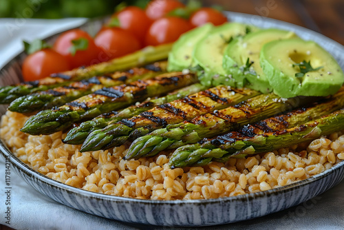 Grilled Asparagus with Avocado, Cherry Tomatoes, and Farro photo