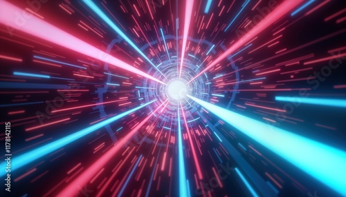 Abstract neon tunnel. Retro sci-fi tech warp speed. Hyper speed motion. Glowing lines. Bright colors. Futuristic design. Fast travel. Cosmic space. Cyber tunnel. Dynamic glowing lines. Future