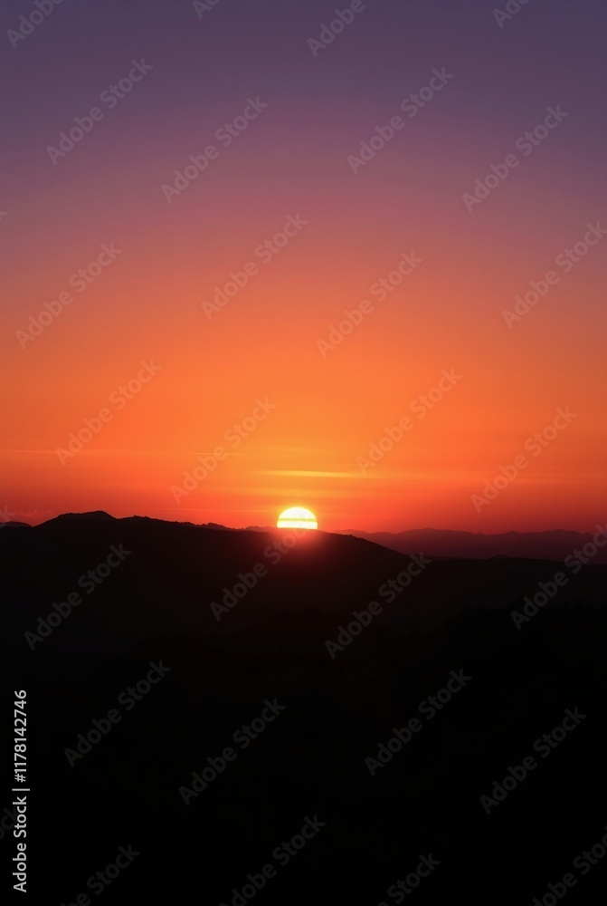 Serene Sunset Over Mountain Horizon with Gradient Sky Serene Sunset Over Mountain Horizon with Gradient Sky