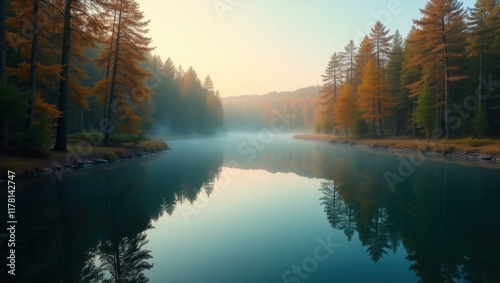 Soft exploration of colors as forest's reflection melds with river's surface, Professional stock photo, AI generated photograph photo