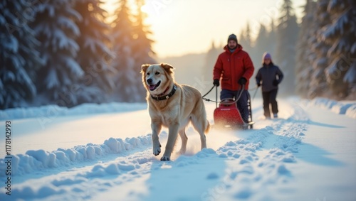 Parents pulling dog on sled gliding across pristine blanket of snow , Professional stock photo, AI generated photograph photo