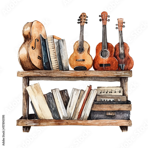 A watercolor of a music storage rack, isolated on a white background. Music storage rack vector.
