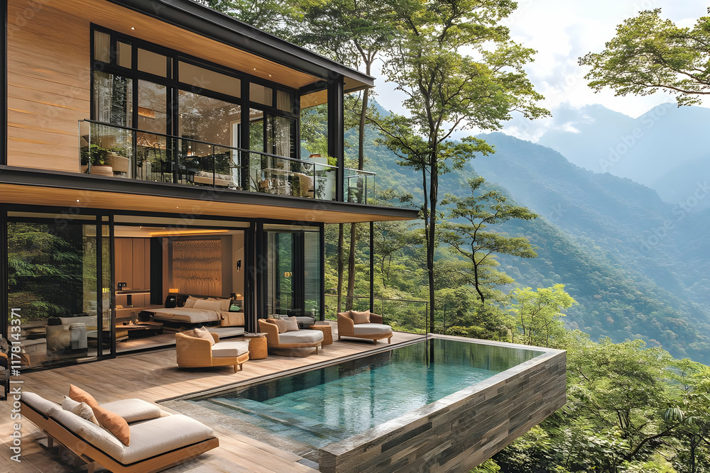 Fototapeta premium Luxury Villa with Infinity Pool and Panoramic Mountain View