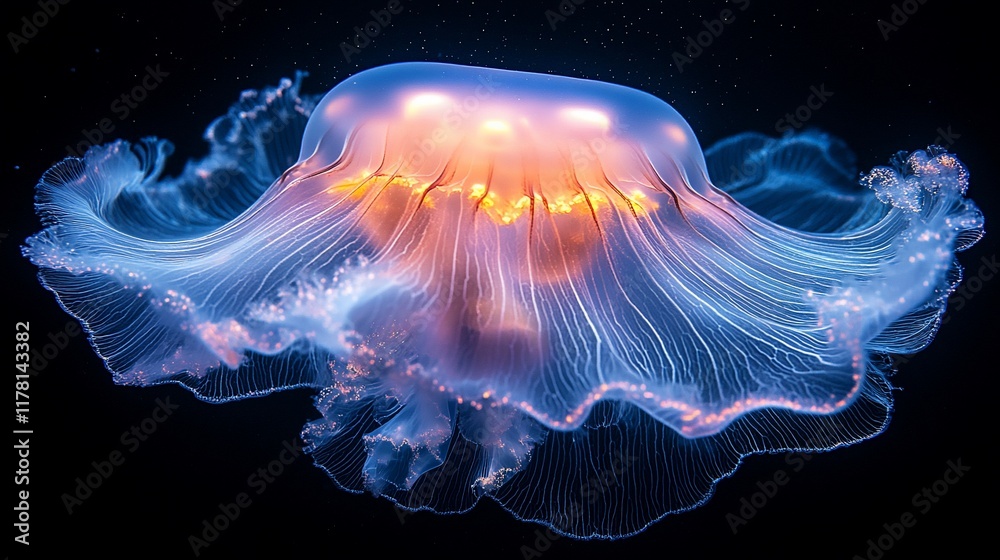 Fototapeta premium Illuminated Jellyfish Glowing in Dark Ocean Water