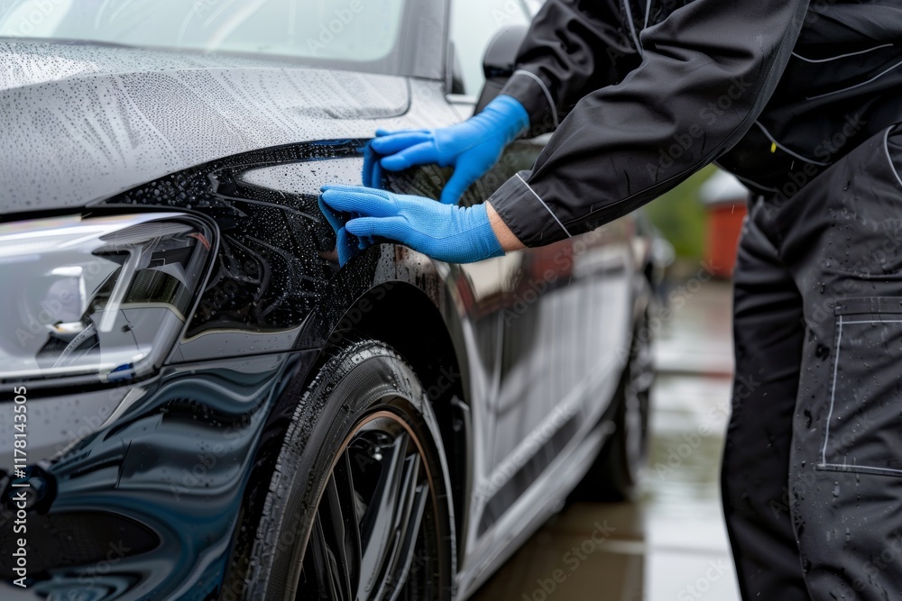 Mechanic s hands in work gloves skillfully changing a tire on a modern passenger vehicle Mechanic s hands in work gloves skillfully changing a tire on a modern passenger vehicle
