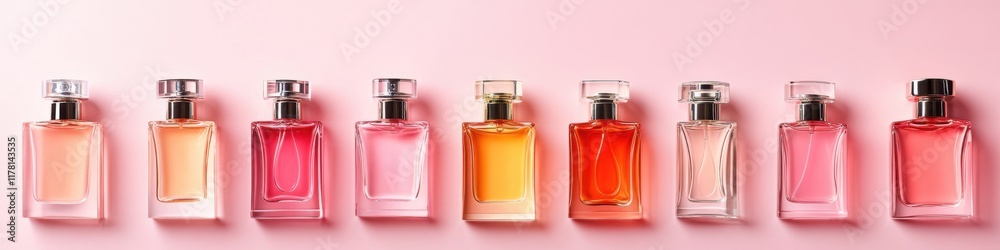Elegantly arranged luxury perfumes in sleek bottles on a pastel pink background Elegantly arranged luxury perfumes in sleek bottles on a pastel pink background