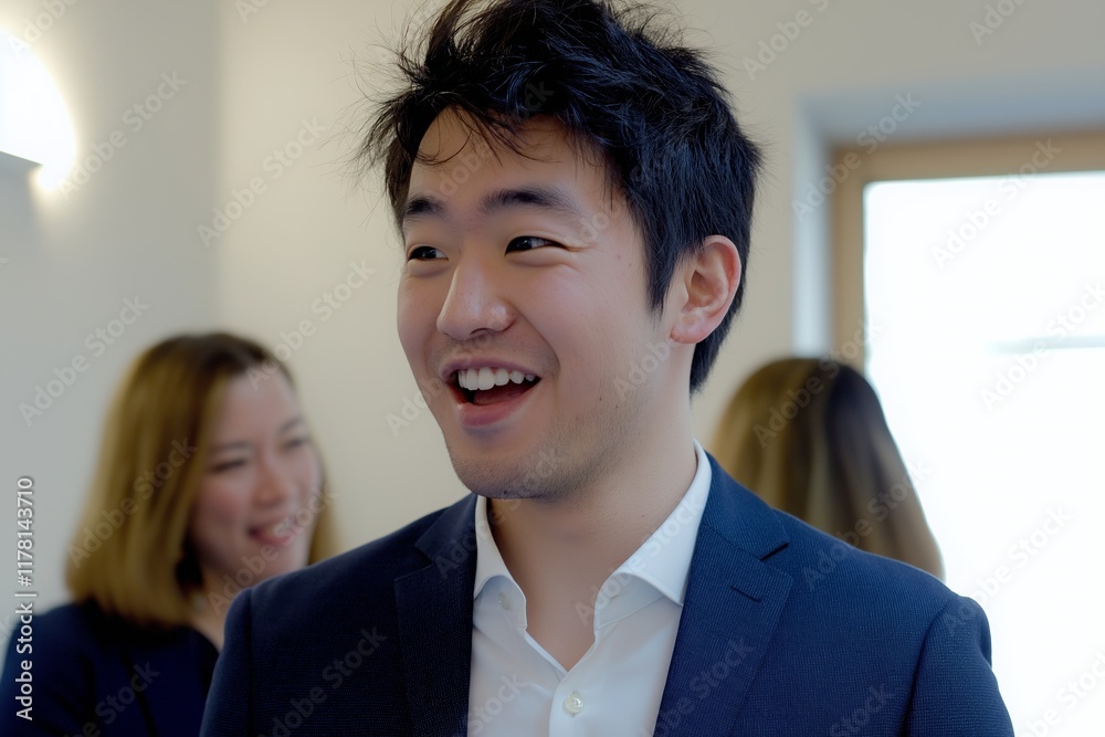 Young, happy asian businessman smiles while talking with his colleagues in the office hallway, enjoying a positive and collaborative work environment