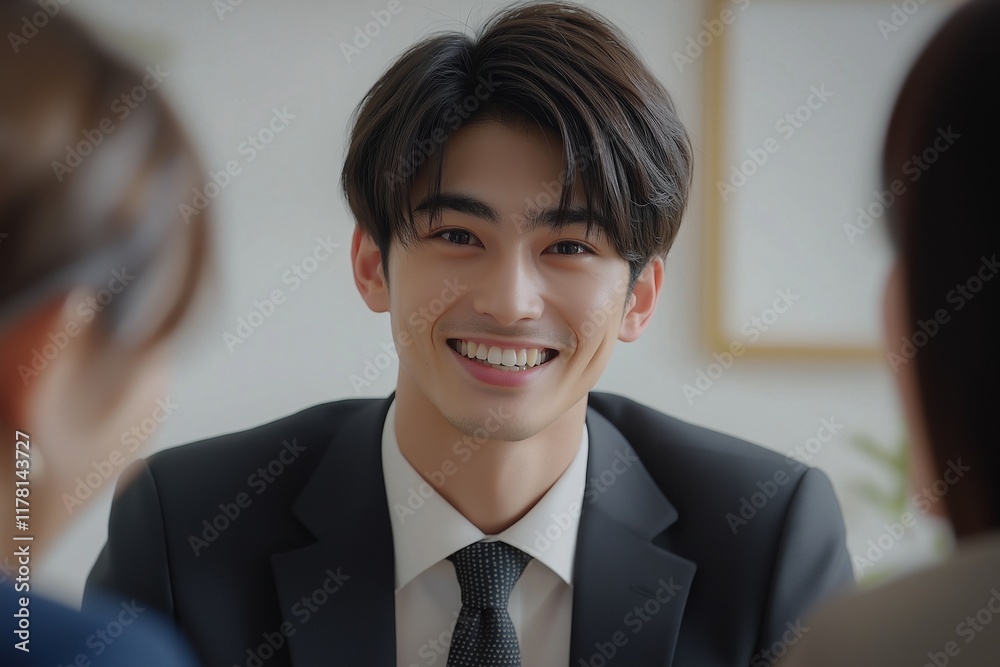Young businessman smiling during a meeting with female colleagues in a bright office, highlighting effective teamwork and fostering professional communication in a collaborative environment Young businessman smiling during a meeting with female colleagues in a bright office, highlighting effective teamwork and fostering professional communication in a collaborative environment
