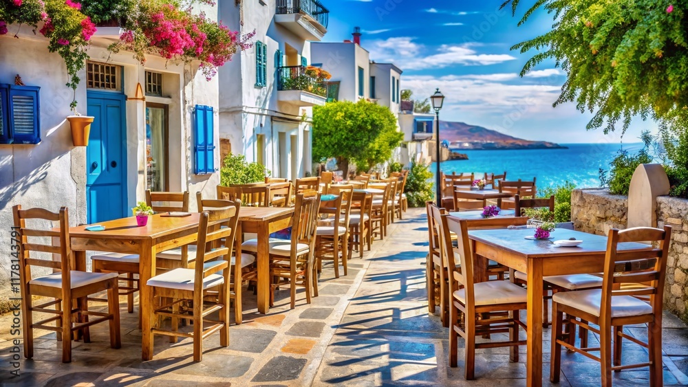Obraz premium Sunny Greek Restaurant Patio: Outdoor Dining Table & Chairs with Copy Space