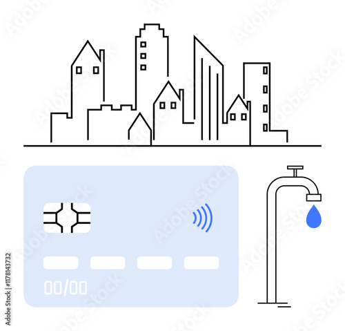 Minimalist cityscape with buildings, payment card for contactless transactions, and faucet with water drop. Ideal for urban life, technology, sustainability, finance, water supply, utilities