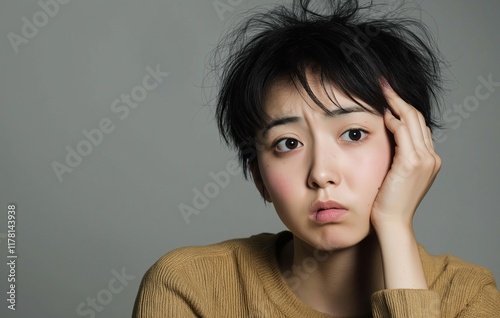 Young japanese woman with messy short black hair and casual clothes is feeling bored and resting her chin in her hand, showing a tired and listless expression on her face photo