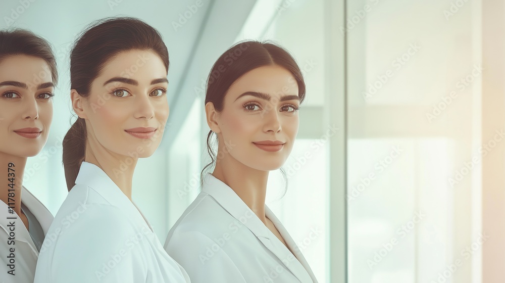 Three female doctors are standing side by side in a hospital corridor, smiling confidently, conveying professionalism and trustworthiness in healthcare Three female doctors are standing side by side in a hospital corridor, smiling confidently, conveying professionalism and trustworthiness in healthcare