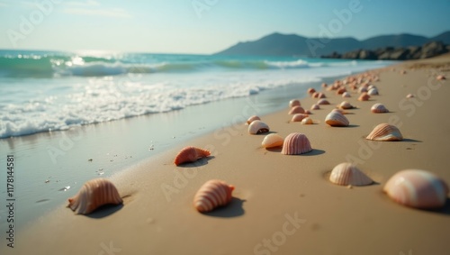 Her path interrupted momentarily by row of collected seashells left by tide , Professional stock photo, AI generated photograph photo