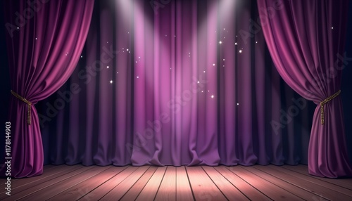 Purple stage curtain with spotlights on wooden floor. Dramatic lighting effect creates theatrical setting. Elegant presentation performance space. Luxurious purple fabric drapes wooden stage. photo