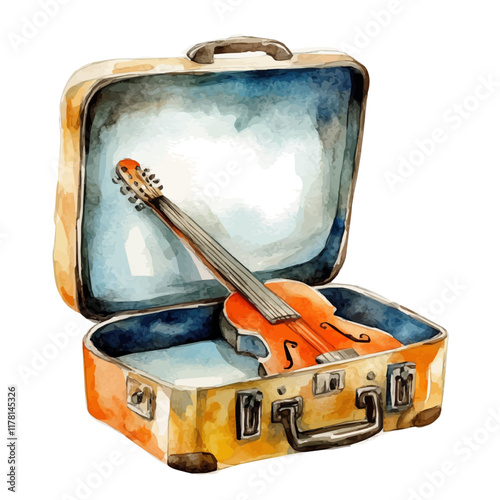 A watercolor illustration of a music storage case, isolated on a white background. Music storage case vector.
