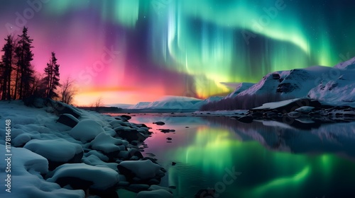 Aurora Borealis Or Nothern Lights, Beautiful Show Of Lights With Perfect Reflections In The Water