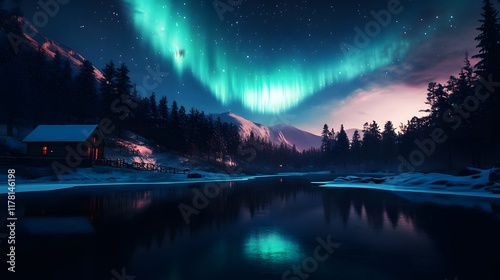 Aurora Borealis Or Nothern Lights, Beautiful Show Of Lights With Perfect Reflections In The Water