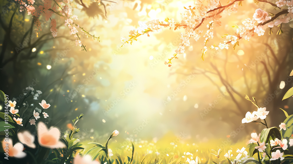 Fototapeta premium On a sunny day, beautiful blurred nature background with blossoming glade and trees. Evergold. Illustration
