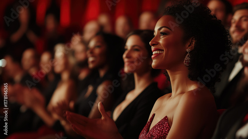 Diverse audience in Oscar hall, wearing Oscar party dresses and suits, engaging and applauding during award winning actor speech in auditorium for red carpet event. smiles and clapping 