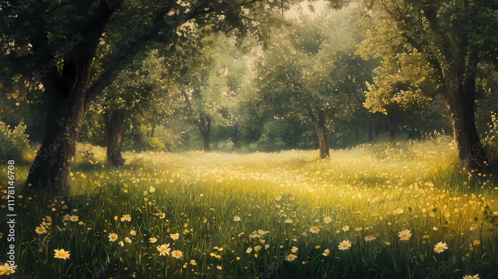 Obraz premium Painted glade meadow forest illustration. Evergold. Illustration