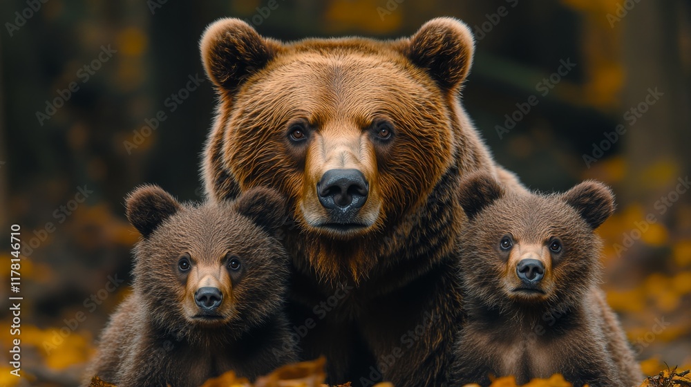 Obraz premium A pride of bears striking majestic poses amidst the lush greenery of a forest. A family of bears beautifully portrayed in a wildlife photograph within a dense woodland setting.