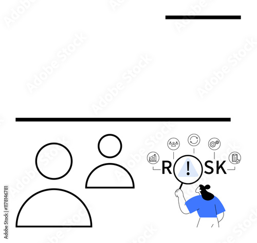 Two outline profiles with businessperson analyzing RISK using magnifying glass surrounded by icons of analytics, finance, and communication. Ideal for management, auditing, business growth